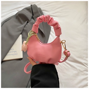 Pink ruched mini cloud bag for children with tulip charm and detachable shoulder strap