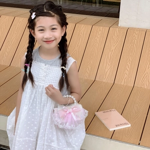 Sac bandoulière rose pour filles avec grand nœud dentelle et poignée en perles
