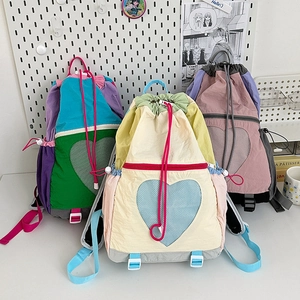 Kids Backpack Nylon Heart Mesh Pocket Patchwork Drawstring School Bag For Boys Girls Sweet Trendy Large Capacity Travel