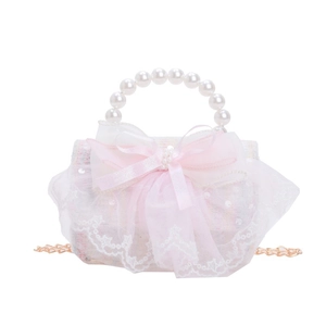 Sac à main rose en tweed pour filles avec dentelle blanche et noeud de perles chic