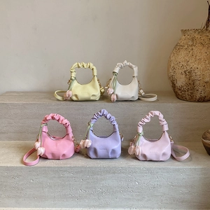 Kids Girls Mini Crossbody Bag PU Leather Pleated Handle Tulip Flower Pendant Sweet Stylish Small Handbag Satchel