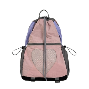 Waterproof nylon kids backpack with heart mesh pocket and drawstring closure in multicolor