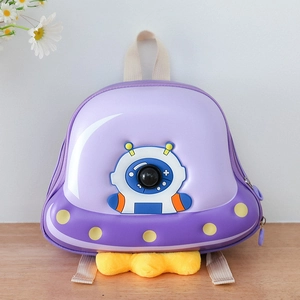 Detailed view of the purple UFO shell backpack featuring 3D astronaut and plush trim