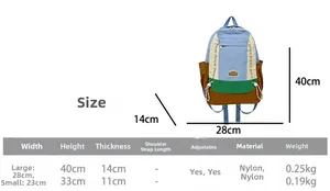 Guide des tailles pour sacs à dos enfant en nylon montrant les dimensions L et S