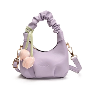 Lavender ruffled cloud bag for kids with tulip pendant and adjustable shoulder strap