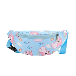 Sac de poitrine enfant bleu clair avec motifs de licornes roses et sangle réglable