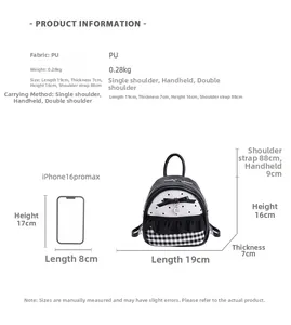 Size chart showing mini backpack dimensions 19x16x7cm compared to an iPhone