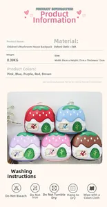 Detailed spec sheet showing cartoon mushroom backpack size, material and five colors
