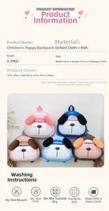 Spécifications du sac à dos chiot avec dimensions et aperçu des 5 couleurs disponibles