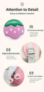 Detail view of strawberry backpack with 3D design, adjustable buckle and breathable mesh