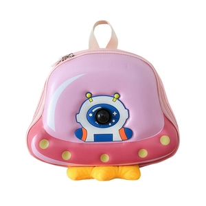 Pink UFO shaped kids backpack with cute astronaut design and yellow plush trim