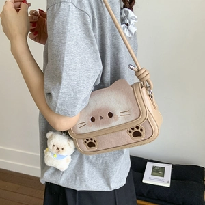 Japanese style cute cat-shaped brown crossbody bag with plush bear charm and embroidery