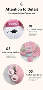 Détails du sac à dos rose pour enfant montrant la fermeture et les bretelles en filet