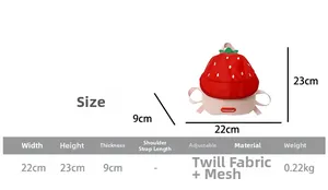 Size chart for strawberry kid backpack showing dimensions 23x22x9cm and mesh material