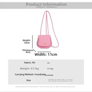 Detailed size chart for pink mini PU leather saddle bag with golden logo and strap dimensions