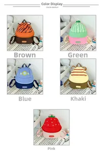 Detailed views of diverse cartoon animal and fruit themed toddler backpacks with mesh backing