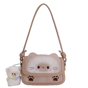 Cute cat-themed brown shoulder bag with embroidery and plush bear charm for women