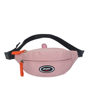 Pink canvas kids fanny pack with black adjustable strap and orange zipper pulls
