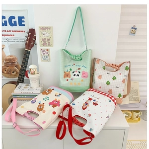 Kids Shoulder Bag Canvas Composite Fabric Cartoon Bear Mushroom Print Braided Handle Adjustable Strap Japanese Cute