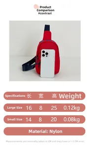 Size chart for kids nylon crossbody bags showing dimensions of large and small models
