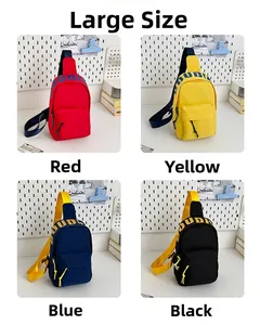 Detail view of large crossbody chest bags in red, yellow, blue, and black for kids
