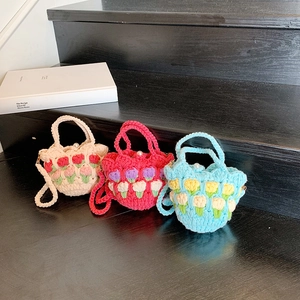 Handmade Crochet Tulip Mini Handbag Knit Flower Shoulder Bag Artificial Pearl Button Cute Pastoral Aesthetic For Women
