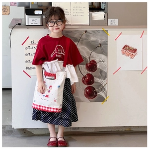 Kids plaid cartoon shoulder bag with red T-shirt and polka dot skirt outfit