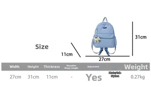 Size chart showing dimensions for the nylon backpack: 31cm height, 27cm width, 11cm depth