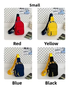 Mini nylon chest bags for kids shown in red, yellow, blue, and black color options