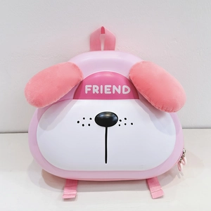 Détail du sac à dos chiot mignon avec oreilles en peluche et logo FRIEND rose