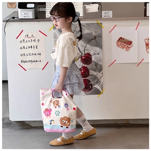 Japanese style checkered canvas tote bag with cute cartoon prints for kids outdoor use