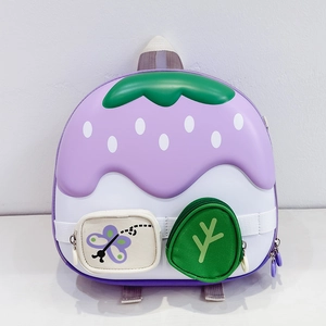 Close-up of cute mushroom house kids backpack with 3D embroidery and purple shell design