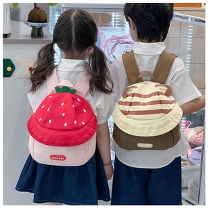 Detail of cute strawberry and striped bear backpacks for preschool kids with mesh back
