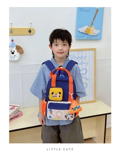 Detail of cute panda backpack for kids featuring orange straps and airplane illustrations