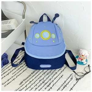 Detailed view of kids cartoon backpack featuring blue breathable mesh and a brand logo tag
