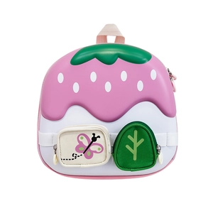 Cute strawberry house shaped toddler backpack with polka dots and 3D leaf pocket details