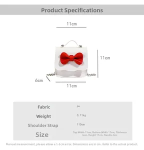 Detailed size specifications for kids' white PU shoulder bag with red bow decoration