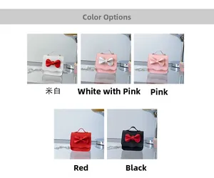 Color display of mini bow crossbody bags in off-white, pink, red, and black with chains