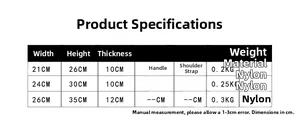 Size chart for children nylon backpack showing dimensions and weights for three sizes