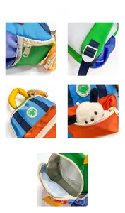 Detail view of colorful nylon backpack showing zippers, buckles, and plush toy accessory