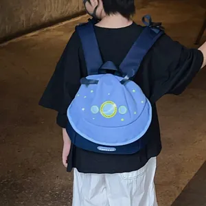 Toddler backpack featuring a cute cartoon UFO spaceship design in navy blue and sky blue colors