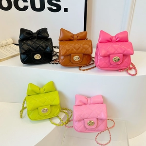Mini Sac À Épaule Pour Enfants En Cuir PU Losange Matelassé Grand Noeud Papillon Mode Chaîne Métallique Filles