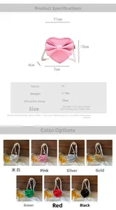 Detail showing various colors of heart-shaped mini crossbody bags with pearl straps