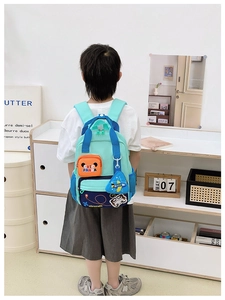 Detail of cartoon airplane backpack with cute panda accessory and mesh side pocket