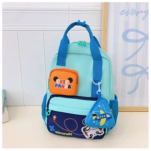 Detail of cute panda and aircraft print on blue cartoon backpack for preschool kids