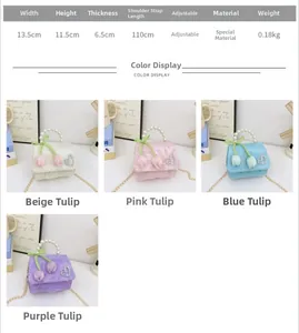 Detailed size chart and dimensions for the girls flower quilted pearl handle handbag
