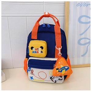 Close-up of aircraft design children's backpack with blue, orange, and white color-blocking
