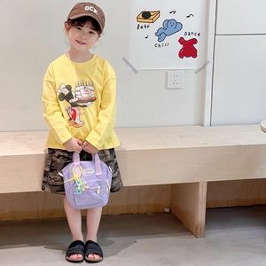 Kids long sleeve Mickey Mouse shirt with camo shorts and mini purple crossbody bag set
