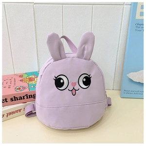 Close-up of purple rabbit backpack with long 3D ears and cute cartoon embroidery details