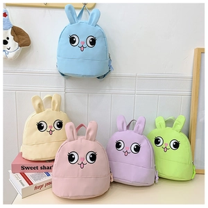 Front view of cute bunny backpacks in five pastel colors for toddlers and kids